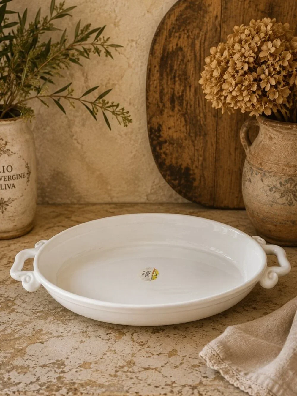 Italian Tavola Bella Baking Dish Casserole Stoneware With Scroll-Shaped Handles